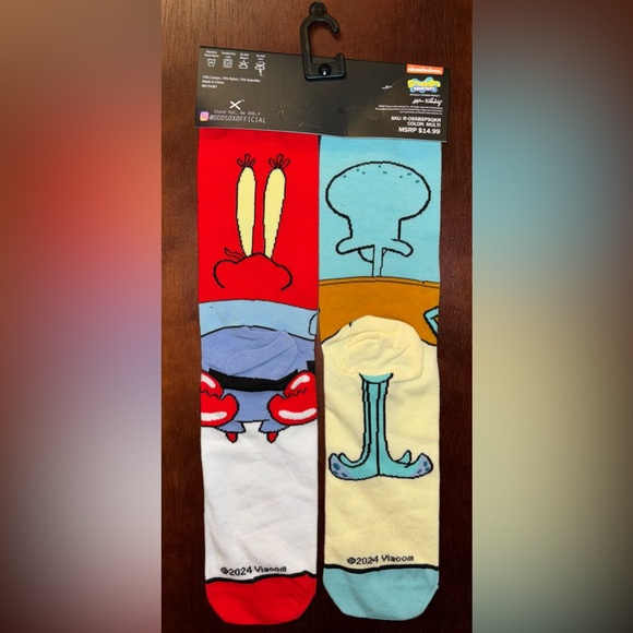 SPONGEBOB SQUAREPANTS ODD SOX NOVELTY CREW SOCKS NWT MEN’S SHOE SIZE 6-13 - Picture 2 of 2